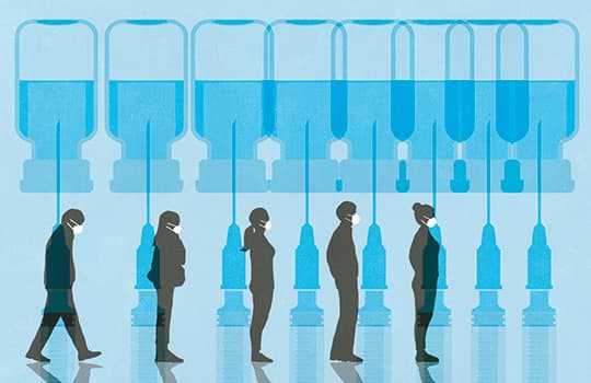 People in face masks waiting in line for vaccination