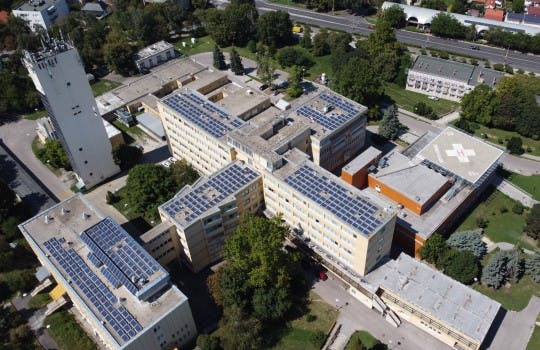 A hospital with solar panels